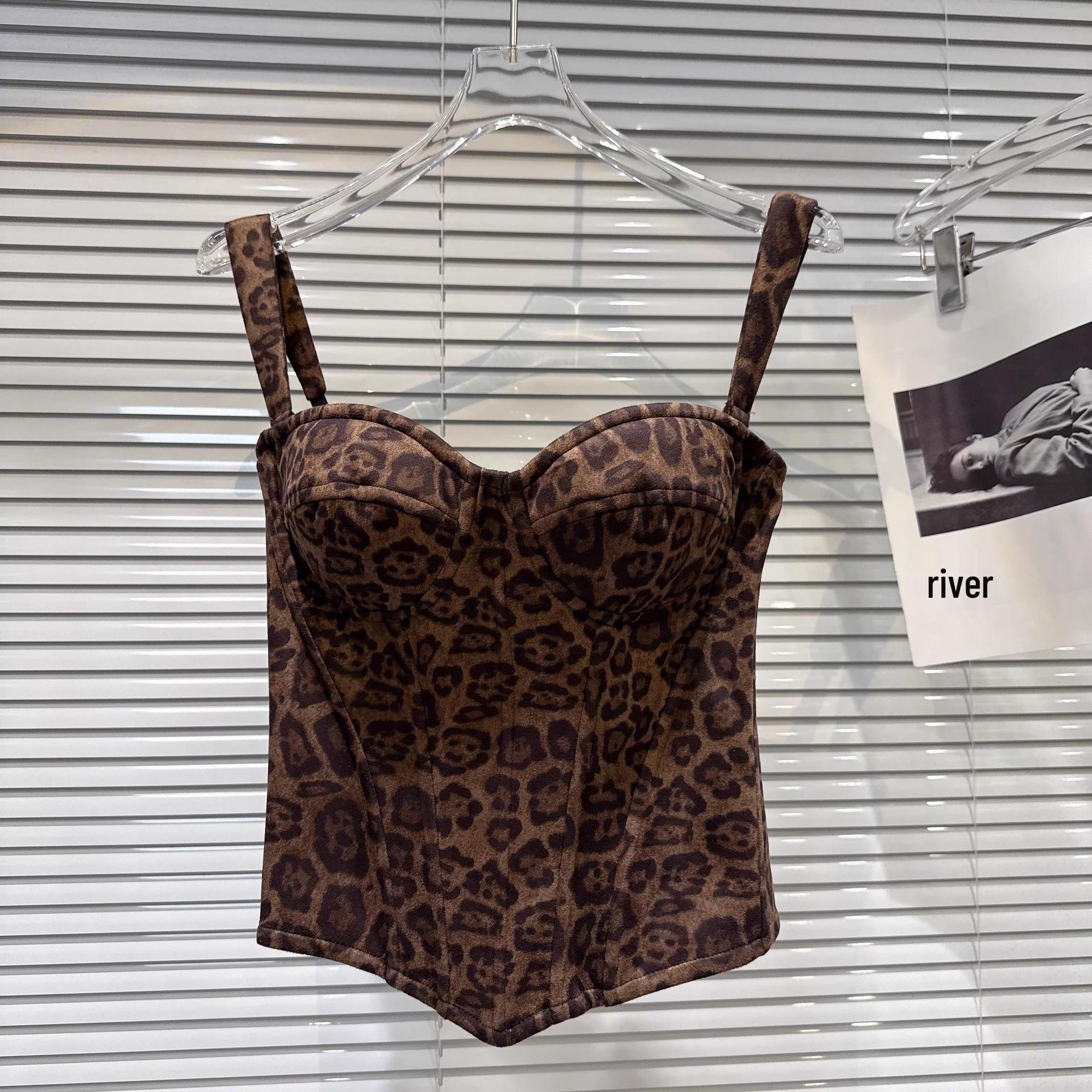 

2025 A/W Retro Spicy Girl Leopard Print Suede Fishbone Waist-Cinch Padded Camisole S