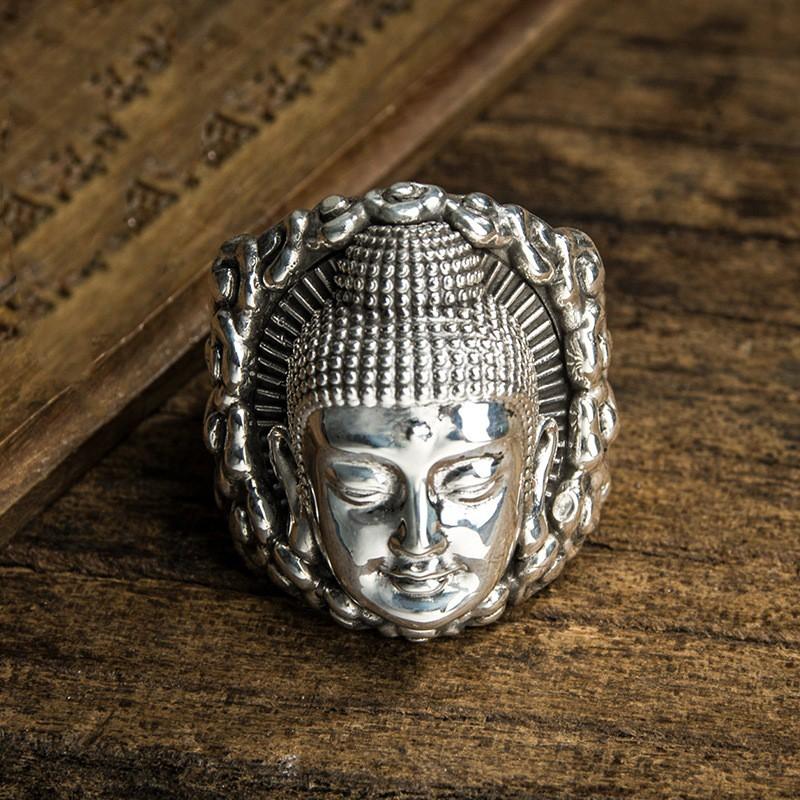 Adjustable Plated Vintage Buddhist Ring With Dainichi Nyorai Motif Unisex Boho Statement Jewelry