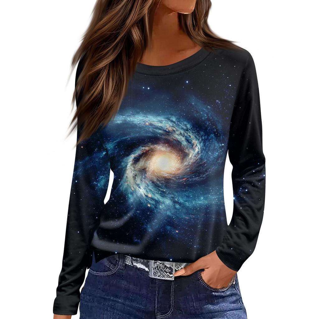 Women's Fashion Casual Slit Hem Round Neck Long Sleeve Loose Printed T,Shirt Ladies Top
