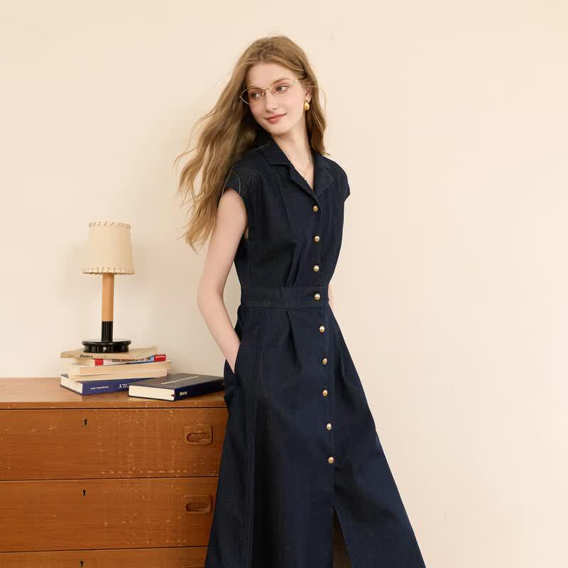 Sancai Western Collar Single-breasted Denim A-line Dress