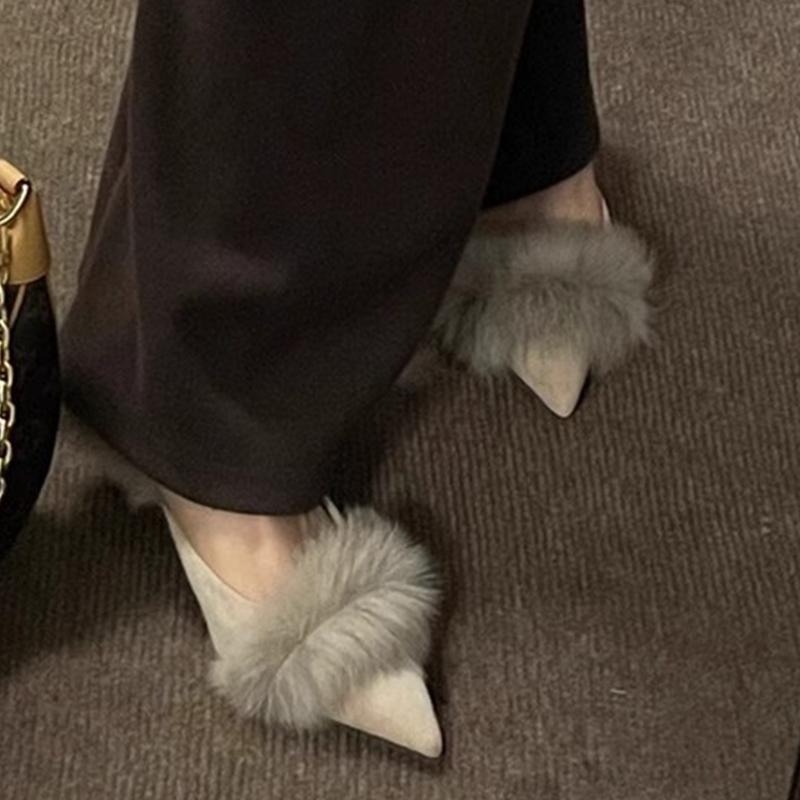 Fashion Fur Pointed Toes Women Slippers High Heels Sexy Luxury Shoes Woman 2024 Trend Winter Slingback Flip Flops New Pumps Mujer Slides