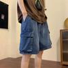 Blue Denim Shorts Men's Summer Thin Tooling Hong Kong Style Loose Big Pocket Washed Five-point Casual Pants
