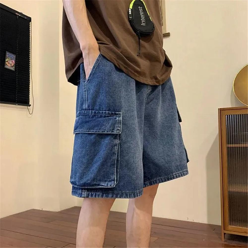 Blue Denim Shorts Men's Summer Thin Tooling Hong Kong Style Loose Big Pocket Washed Five-point Casual Pants