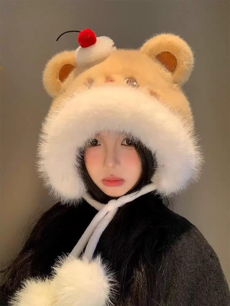 Women's Winter Fox Ears Plush Hat and Scarf Set - Thick, Warm Ear Protection for Cycling