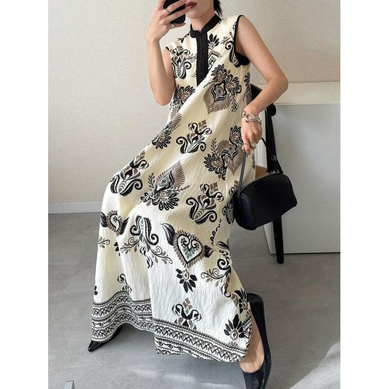 European summer flowers full print sleeveless big skirt loose casual versatile long dress women