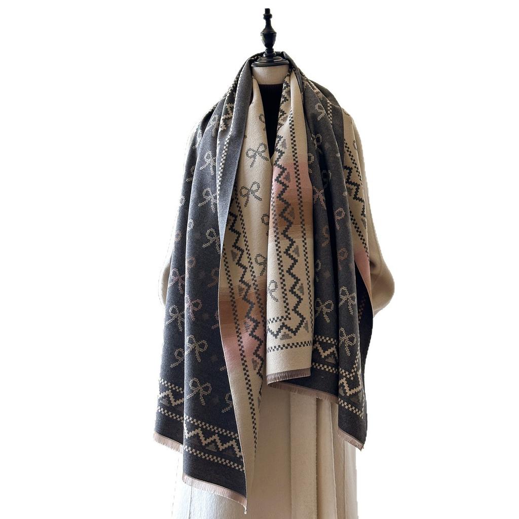 Autumn And Winter Bow Presbyopia Scarf Women'S Warm Color Matching Imitation Cashmere Scarf Double-Sided Air Conditioner Shawl