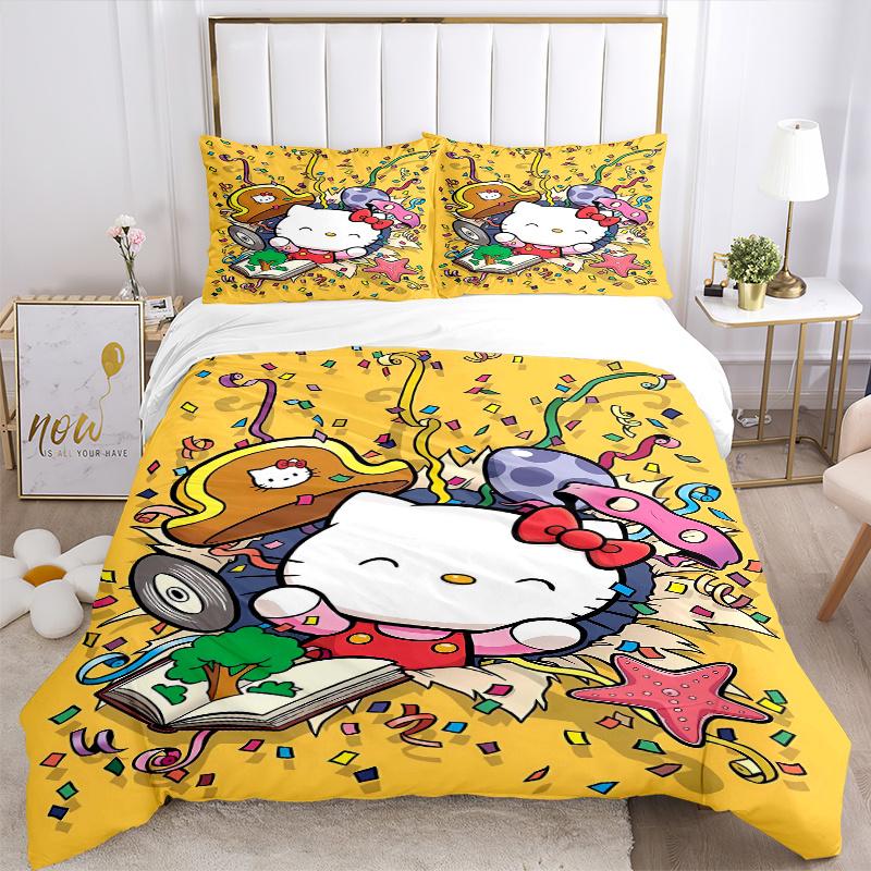 3pcs Hello Kitty's Colorful Adventure Bedding Set Includes 1 Quilt Cover and 2 Pillowcases, Comfortable Bedding with Stylish Design for Bedroom S042