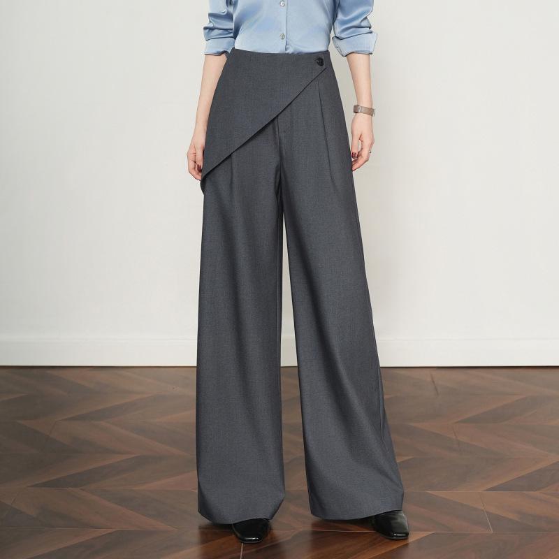 2026 Spring Women's Grey Wide-Leg High-Waisted Drapey Suit Pants, Floor-Length