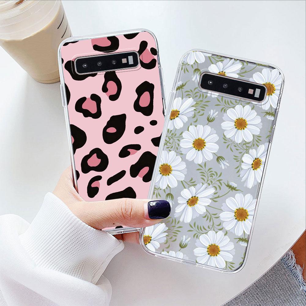 For Samsung Galaxy Note 10 Lite S10 S9 Plus S10e S9+ S10+ Flower Daisy Heart Leopard Phone Case Clear Transparent Couple Cover