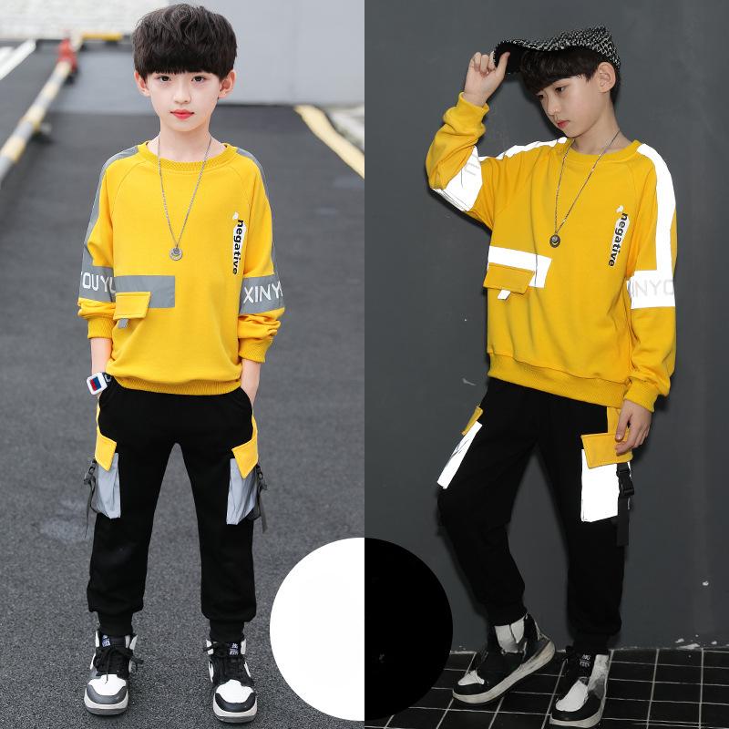 

Детская одежда Осенние костюмы для мальчиков Корейская версия модного костюма из двух частей для больших мальчиков, сочетающегося по цвету, с длинными рукавами и светящимся свитером 110 жёлтый