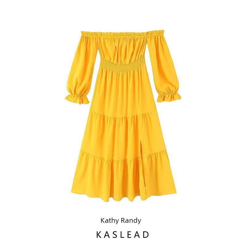 Kaslead New Women clothes Western Style Fashion Simple Temperament Loose off-Shoulder Dress