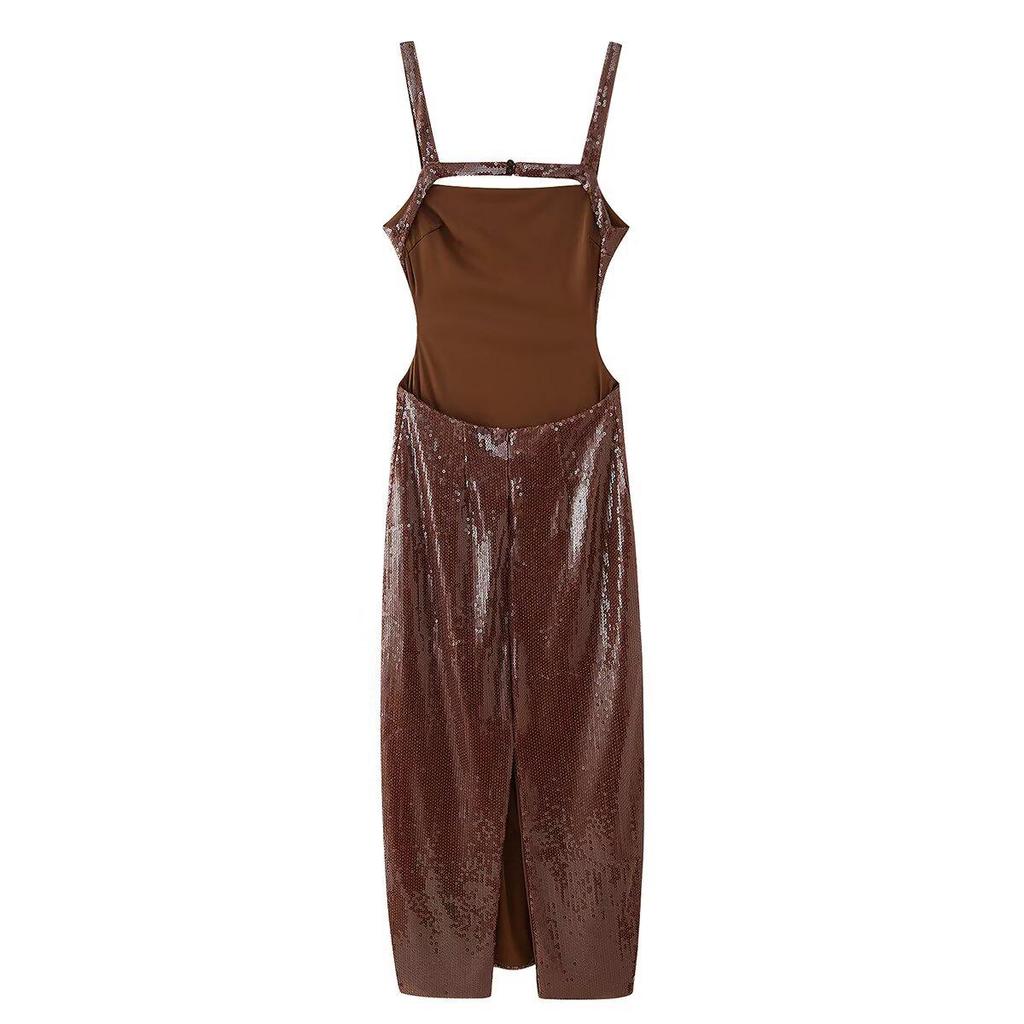 Women's Winter 2024 Sequin Spaghetti Strap Backless Maxi Dress - European & American Style Fashion