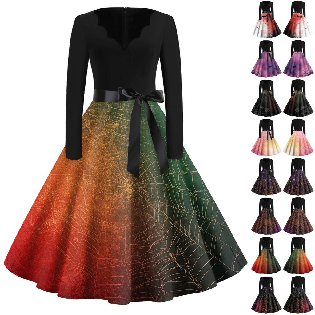 Women's Fashion V-Neck Casual Slim Fit Halloween Printed Long Sleeve Dress