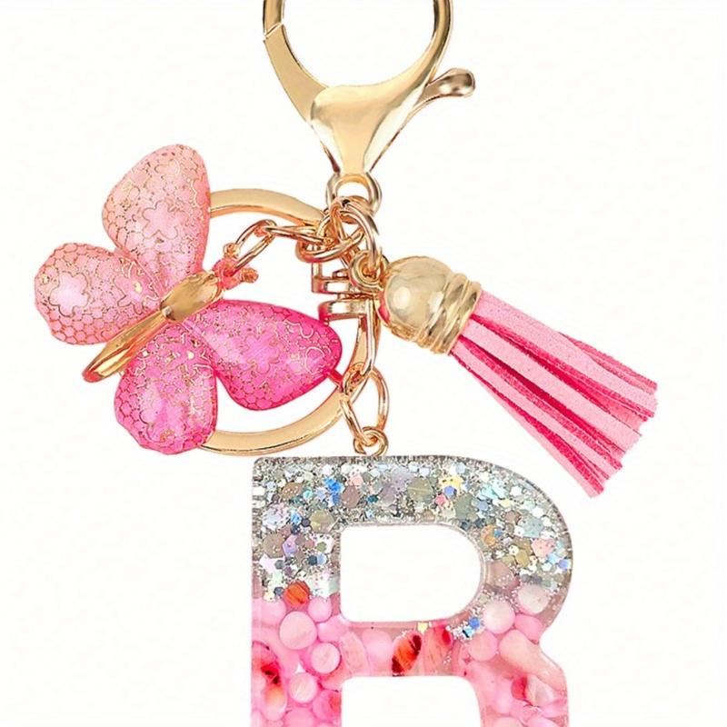 Personalized Bling Monogram Keychain for Women - Resin Letter Charm with Silvery Glitter, Pink Pebble & Gold Star Shaker - Birthday Gifts for Her