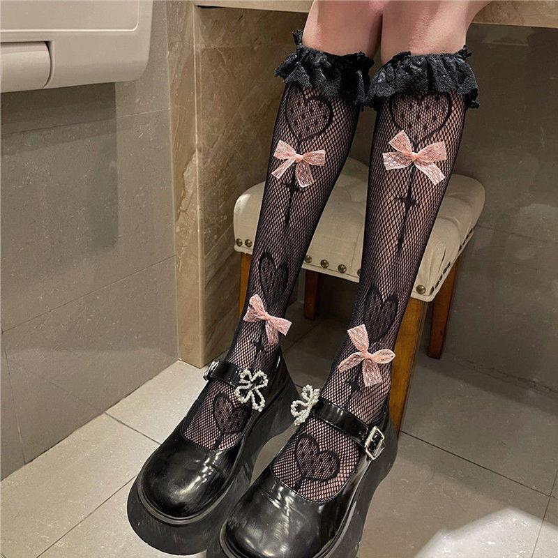 Sweet Lolita Lace Trim Calf Socks Womens Bow Tie Student JK Fishnet 1 Pair Great for School Uniforms and Events