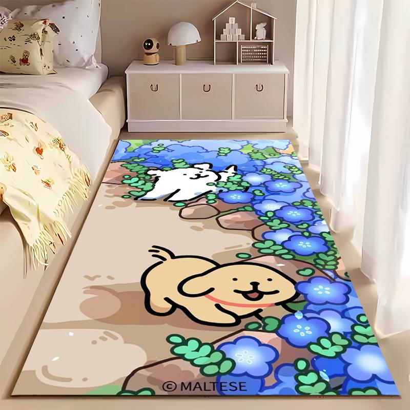 Cute Maltese Dogs Cartoon Rug with Blue Flowers for Living Room Decor Suitable for Use As an Anti-slip for Living Room Bedroom Sofas