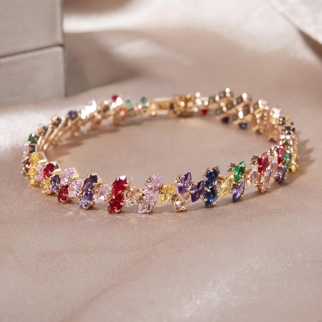 Marquise Multi-Color Cubic Zirconia Watch-Buckle Chain Bracelet for Women, Bohemian Style, Ideal for Daily & Party Wear, Perfect Gift