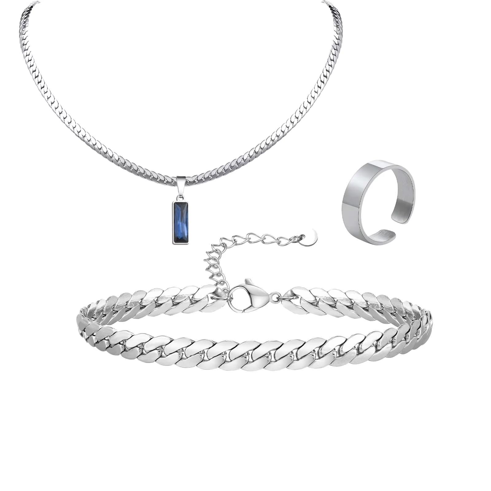 

Vnox Men s Stone Pendent Necklaces Jewelry Set, 3pcs/Set Stainless Steel Flat Cuban Chain Bracelets 6/8/11.5mm Ring Jewelry Set 6mm Wide Ring