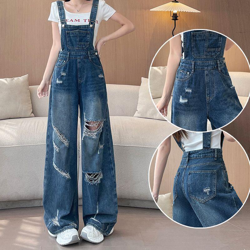 

Suspenders Straight-leg Denim Women 2025 New Arrival Summer Thin Drape Loose Personality Fashion Wide-Leg Pants Retro Blue-pants XS