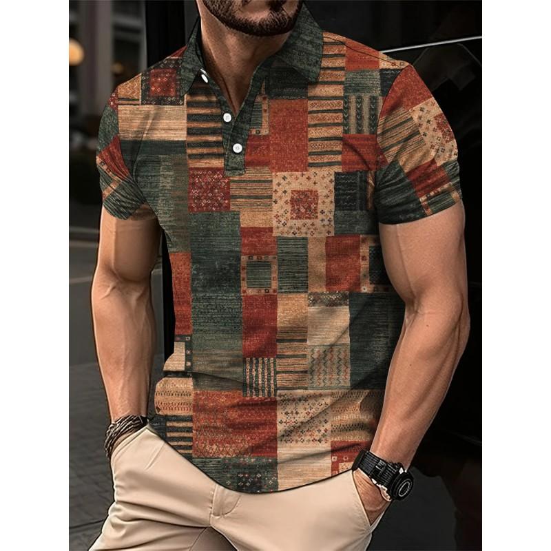 Mens Oversized Retro American Style Polo Shirt With 3D Digital Print Pique Cotton Breathable Comfortable Casual Wear