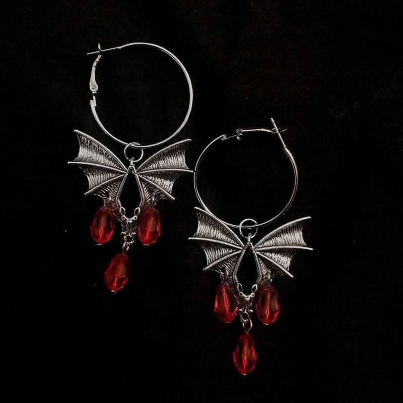 Gotik Kırmızı Vampir Yarasa Kristal Kan Damlası Küpeler