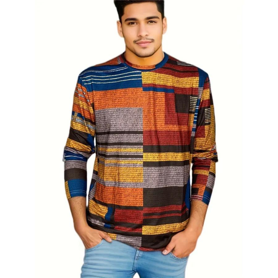 Men's Vibrant Plaid Crew Neck Long Sleeve T-Shirt - Soft, Breathable Comfortable Spring and Autumn Outdoor Activities and Sports - Perfect for Casual