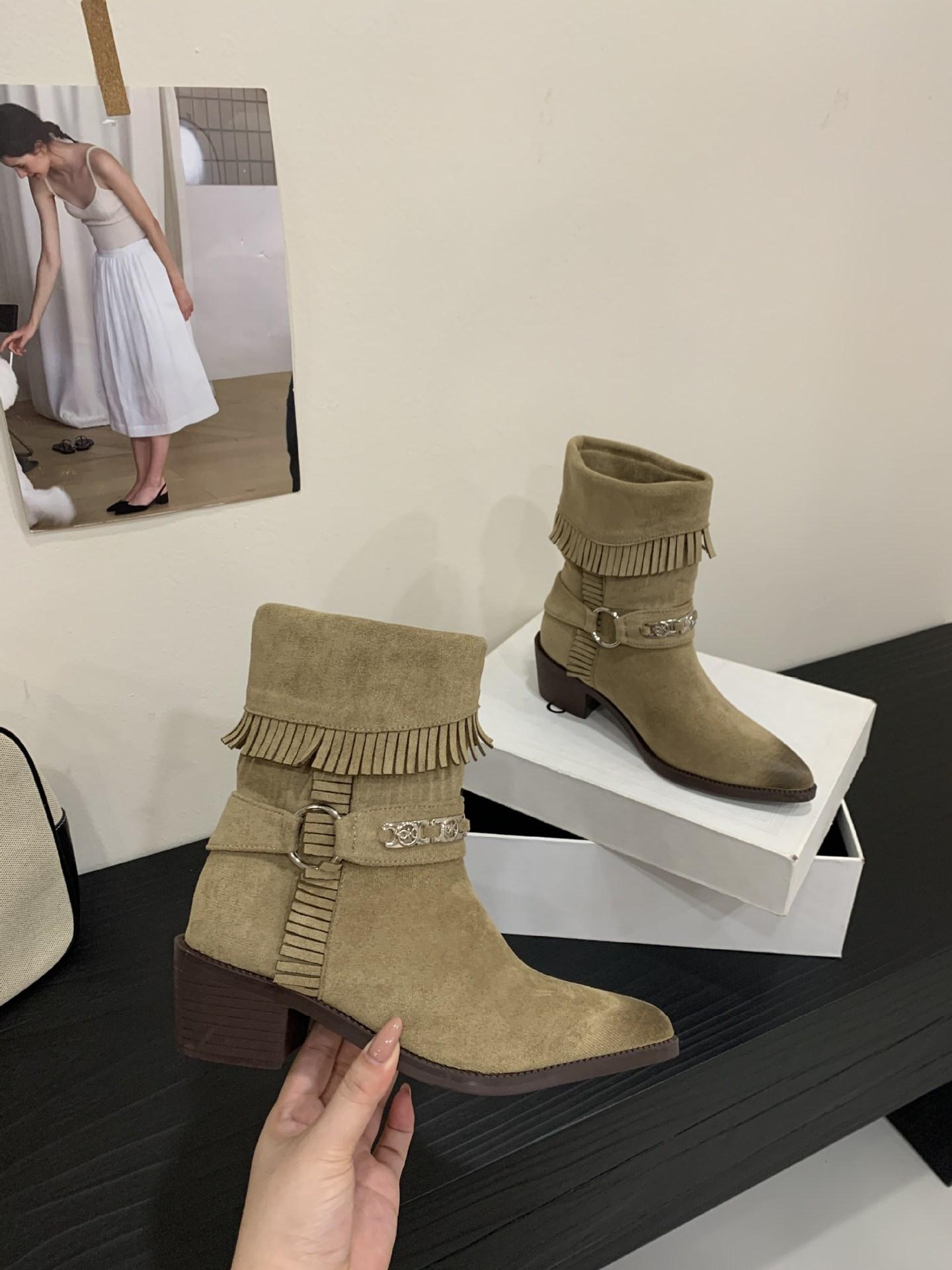 

2025 new retro pointed western cowboy boots women s autumn thick heel short tube thin Martin boots women 39 хаки