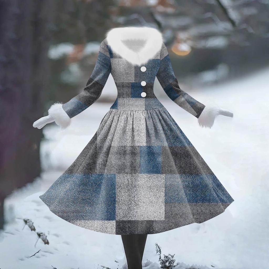 Women's Casual Dress Long-Sleeve V-Neck Patchwork Fleece Christmas Print Dress