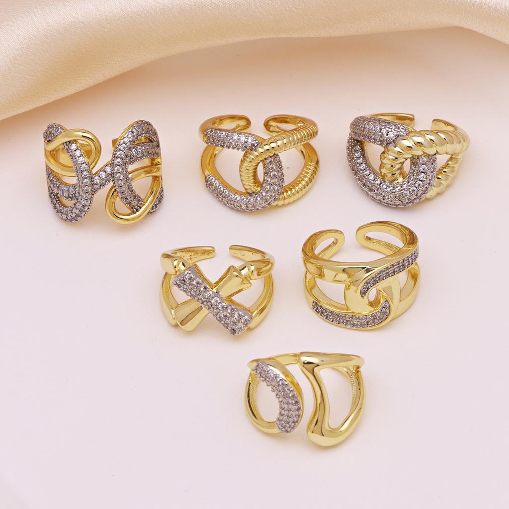 Stripe X-Shaped Open Ring Women'S Copper Gold-Plated Zirconium Two-Color Ring