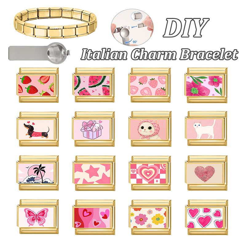 Vintage Pink Strawberry Watermelon Cat Dog Star Butterfly Golden Charm Links 9MM Stainless Steel Bracelet DIY Making Jewelry