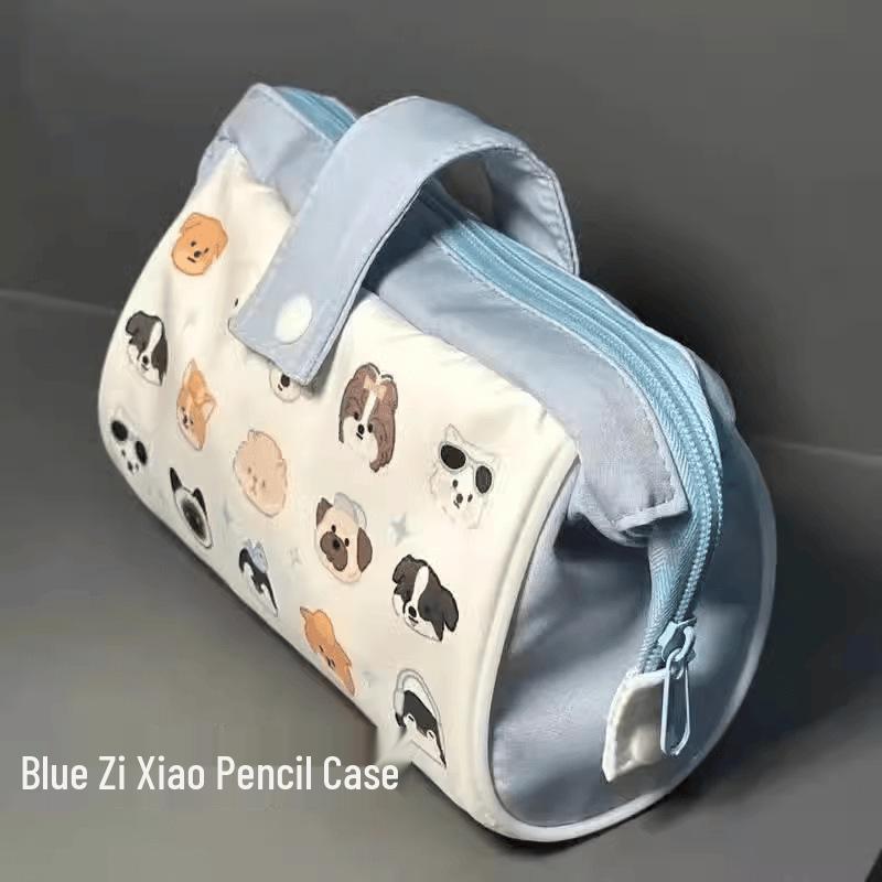 Cream Blue Large Capacity Multifunctional Pencil Case and Makeup Bag with Puppy Design