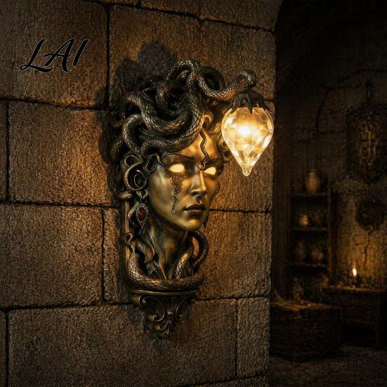Mythical Snake Hair Decor Retro Gorgon Wall Lamp Woman Resin Sculpture Gothic Sconce Artistic Mounted Light for Indoor Corridor Entrance Decoration