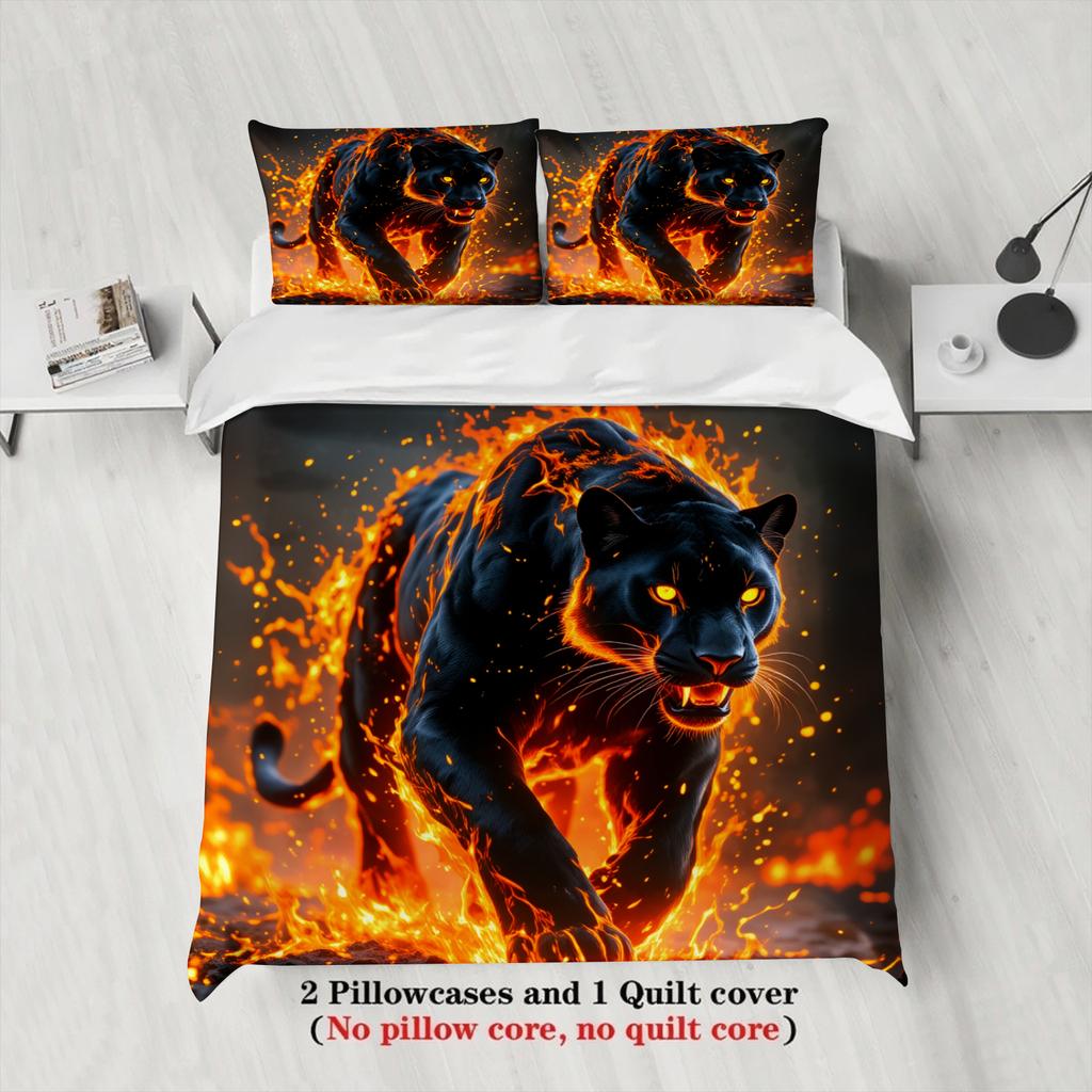 3pcs Panther Fire Bedding Sets 3D Printed Black Panther Anti-Slip Durable Duvet Cover Sets With Pillowcases No Filling