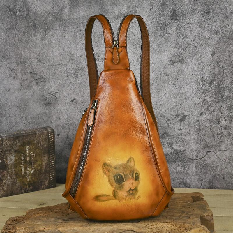 Johnature Retro Animal Printed Chest Bag Genuine Leather Handmade Cowhide Backpack Versatile Women's Crossbody Bags