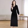 Genuine Velvet V-Neck Slim Long Dress for Women - French Chic Style