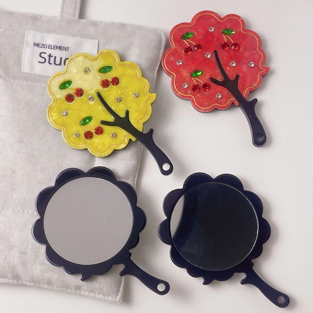 Cute Cherry Acetate Makeup Mirror Rhinestone Colorful Tree Shape Mirror Cartoon High Definition Handle Portable Mirror Girl