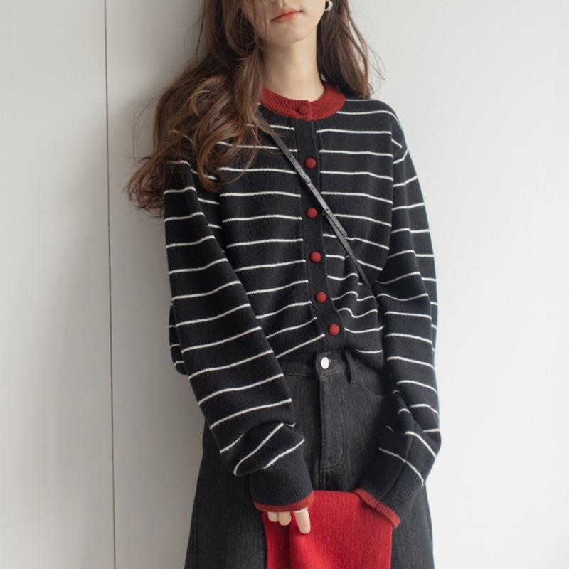 Autumn Korean O-neck Striped Cardigan Women Sweater Fashion Casual Long Sleeved Loose Knitted Jacket Office Elegant Tops Simple Clothes