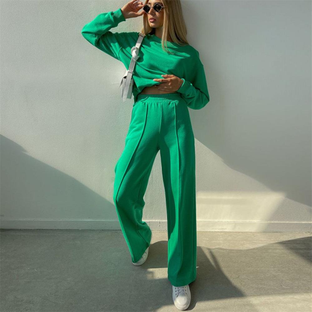 Women Solid Color Long Sleeve O Neck Sweater Suit Autumn Winter Loose Top Wide Leg Pants