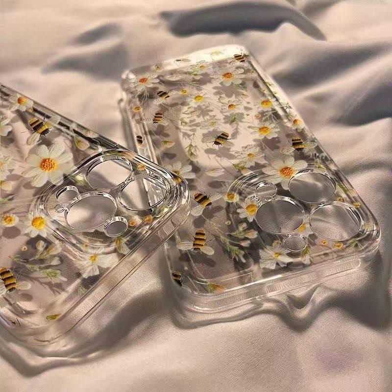 Bee daisy pattern transparent phone case suitable for iPhone17 16 15 14 13 12 11Pro/Max/Plus anti drop and shockproof back cover