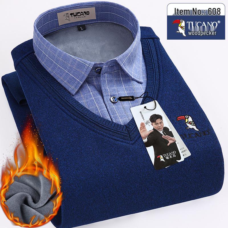 Woodpecker Men's Fleece-Lined Long Sleeve Two-in-One Thick Shirt Sweater for Dad
