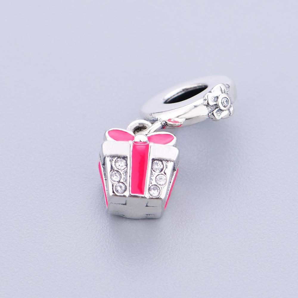 S925 Silver Pink Ribbon Gift Box Pendant Beaded Bracelet Necklace DIY Craft Jewelry Accessories Loose Beads