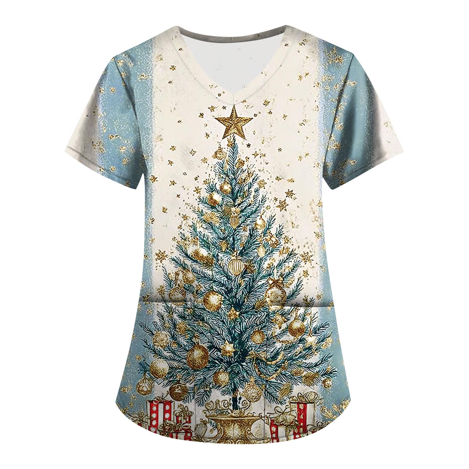 

Большой размер Принтованный скраб Рабочая униформа Топы для женских V-образный вырез с запахом Принт Короткий рукав Веселые футболки Рабочая одежда Футболка с карманами XL