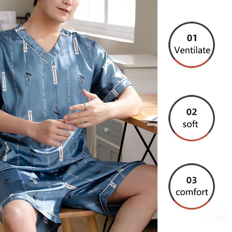 Large Size Men Homewear Ice Silk Short-Sleeved Shorts Student Pajamas Korean Version with Letters Loose Short-Sleeved Two-Pi