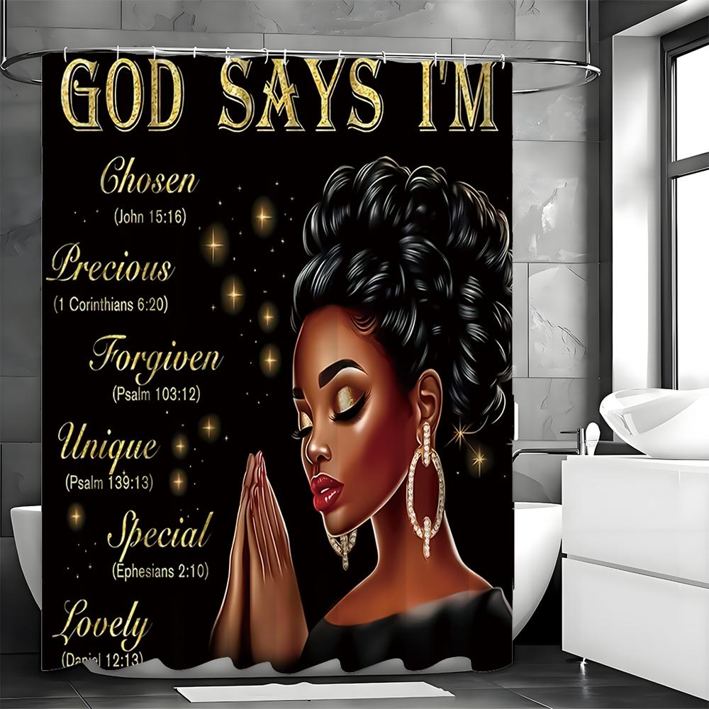 God Says You're Inspirational Black Women's Shower Curtain, Bathroom Decorative Shower Curtain, Waterproof Shower Curtain with H