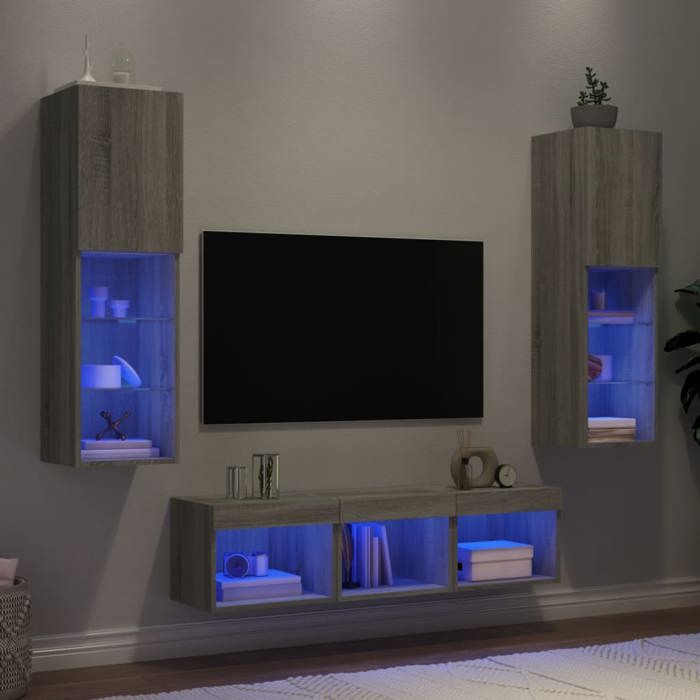 VidaXL Unités Murales TV avec LED 5 pcs, Armoires de Télévision Suspendues, Meubles Télé de Salon, Moderne, Gris Sonoma Bois 3216609