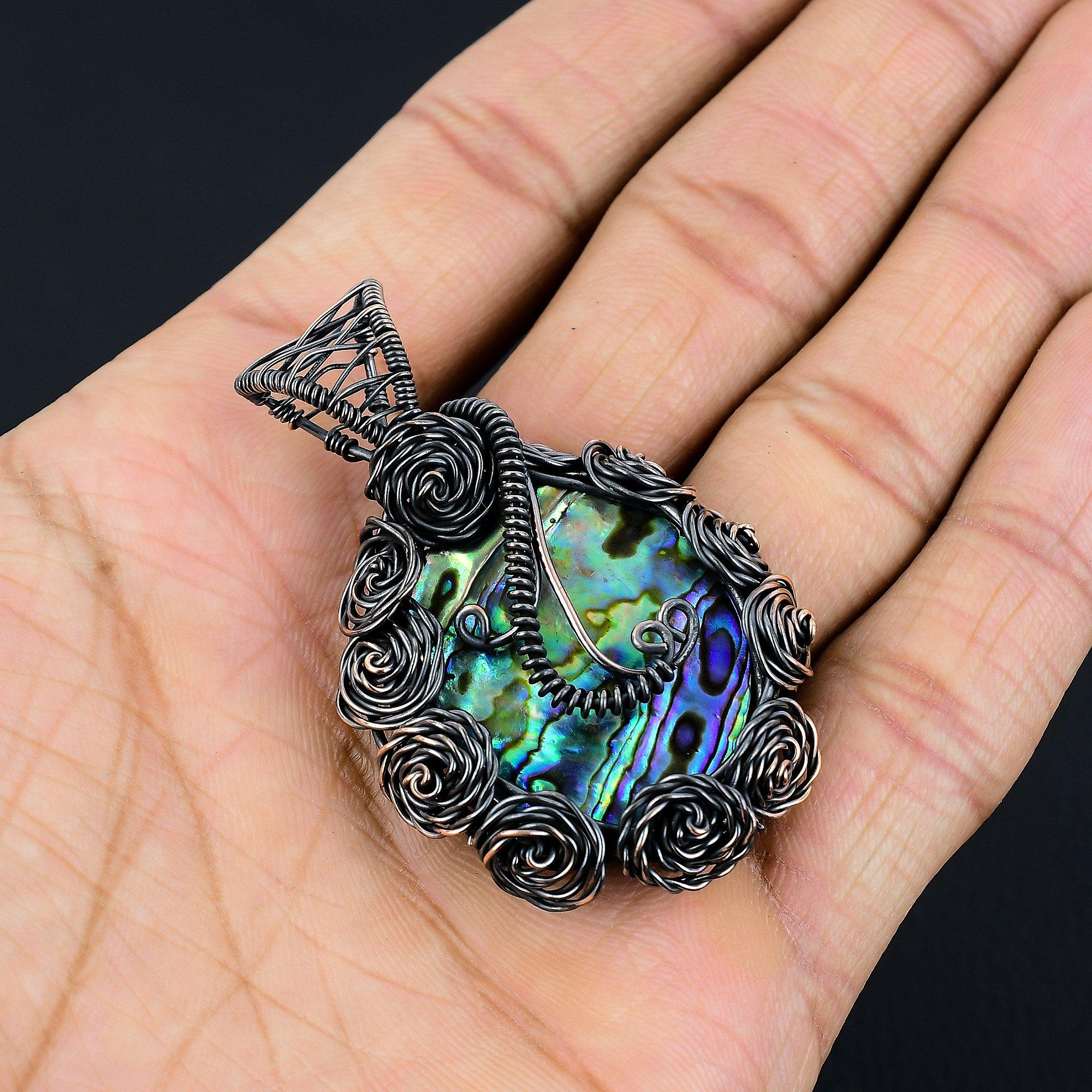 

Кулон из раковины абалона, обернутый медной проволокой 999 пробы, Ювелирные изделия с подвеской из драгоценного камня ручной работы, Подарки для жены, Совершенно новый кулон 2.55 Inches