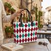 Christmas Argyle Pattern Canvas Tote Bag Portable Large Capacity Shopping Handbag for Daily Use