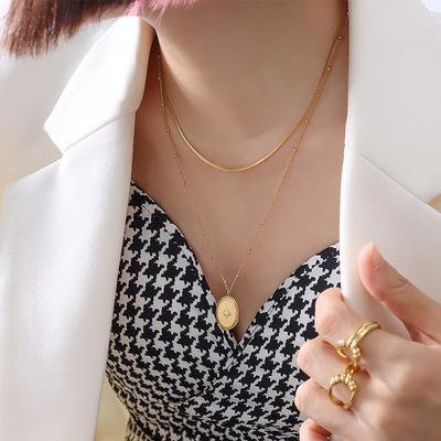Wind Jewelry Double Chain Oval Rice Character Pendant Stacked Necklace Titanium Steel Plated 18K Real Gold Jewelry P969