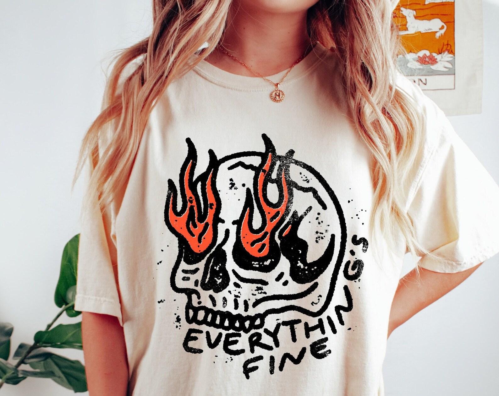 Everything is Fine Shirt, Vintage Comfort Colors Unisex T-Shirt, Skull Oversized Shirt, Retro Graphic Trendy Tee, Grunge, Everything Fine 3XL