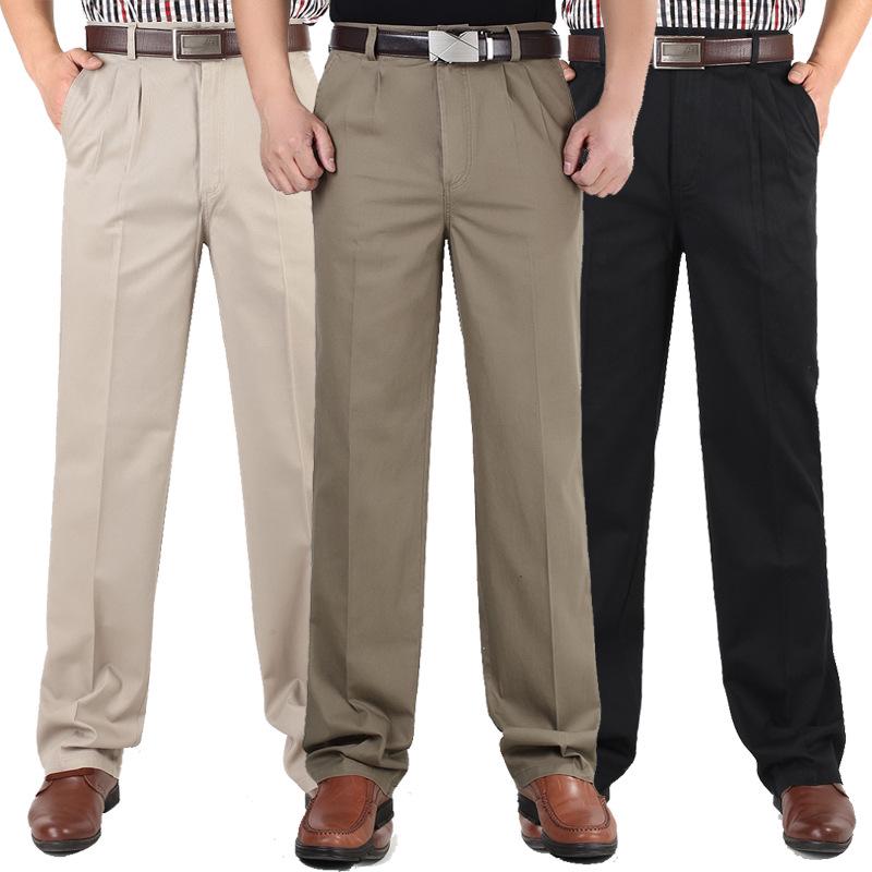 Men's High Waist Double Pleated Cotton Pants - Spring/Summer, Loose Straight Leg, Plus Size